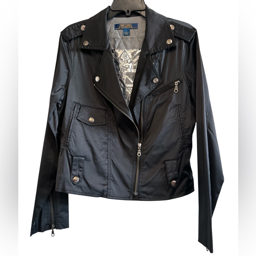 Millard Fillmore Chic Black Moto Style Jacket with Silver Hardware